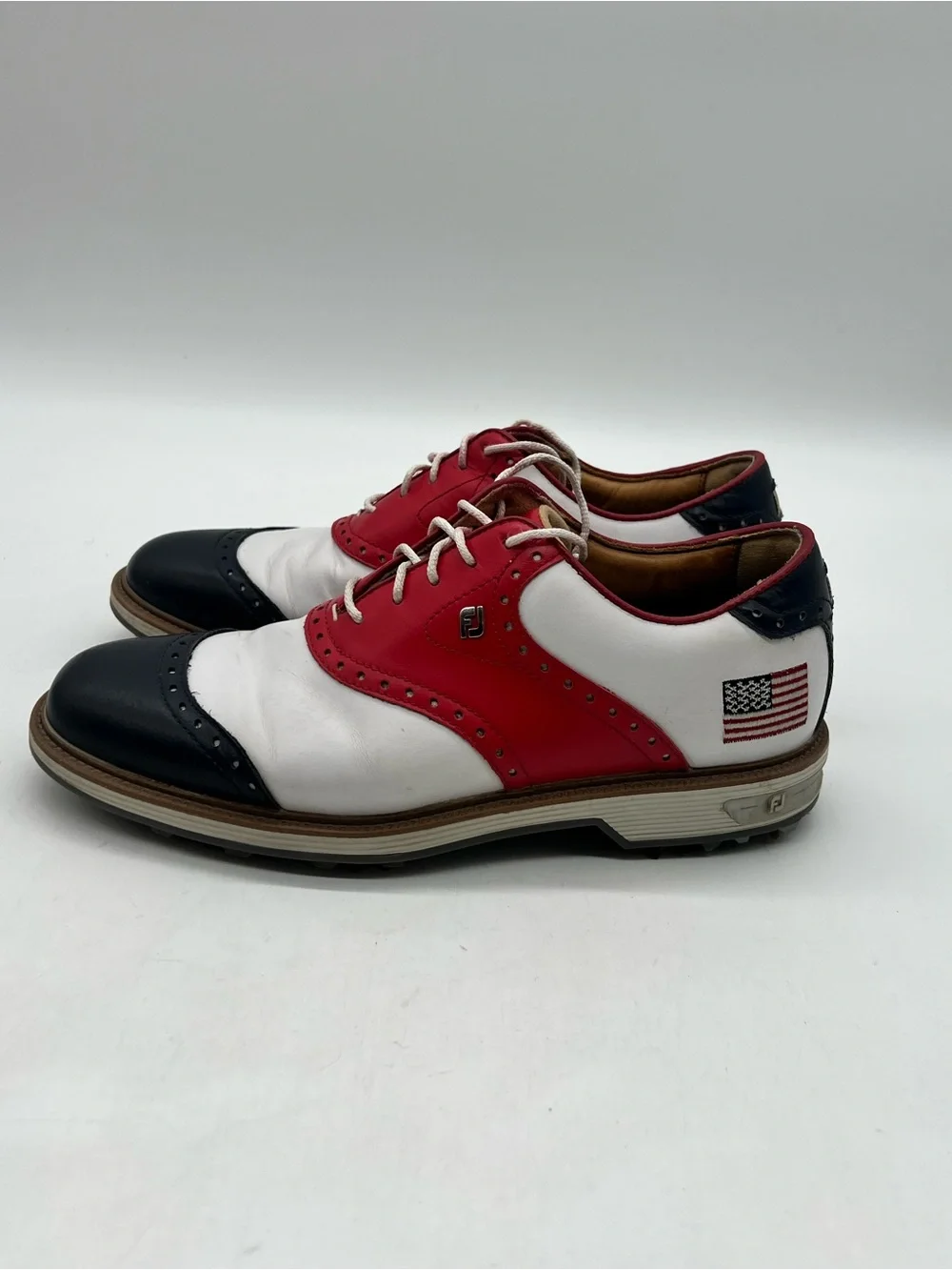 FootJoy DryJoys Premiere WILCOX Men 8.5 White Blue Red USA Flag Golf Shoes